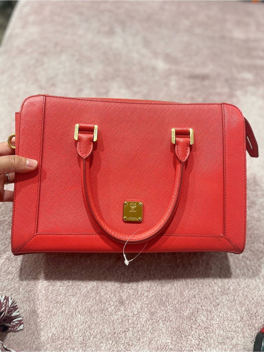 MCM (Nouvo) Red Leather Satchel with Gold-Tone Accents